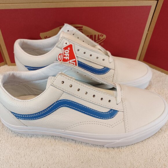 Vans Men's 7/Women's 8.5 Old Skool LEATHER True White/Blue VN0A5AO92HK - Picture 1 of 13